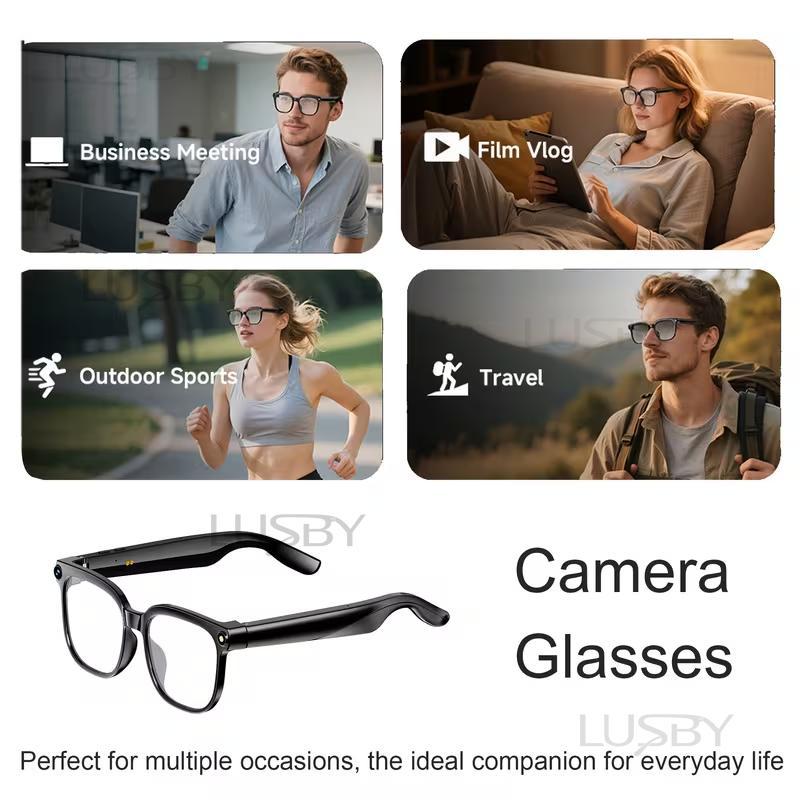 2.0 HD 8MP AI Smart Glasses with camera, AI translation, video recording and photo taking, Bluetooth connectivity, ideal for office and outdoor use.
