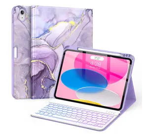 for iPad (A16) 11th/10th Generation Case with Keyboard(2025/2022)-7 Color Backlight Wireless Detachable Folio Keyboard Cover with Built-in Pencil Holder for iPad 11/10.9 inch, Violet Marble