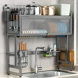 Over The Sink Dish Drying Rack with Cover, Over The Sink Dish Drainer Drying Rack 3 Tier Dish Rack, Keep Sink Shlef Organized-Saving for Dishes and Cutlery (Gray, 33.4" Length)