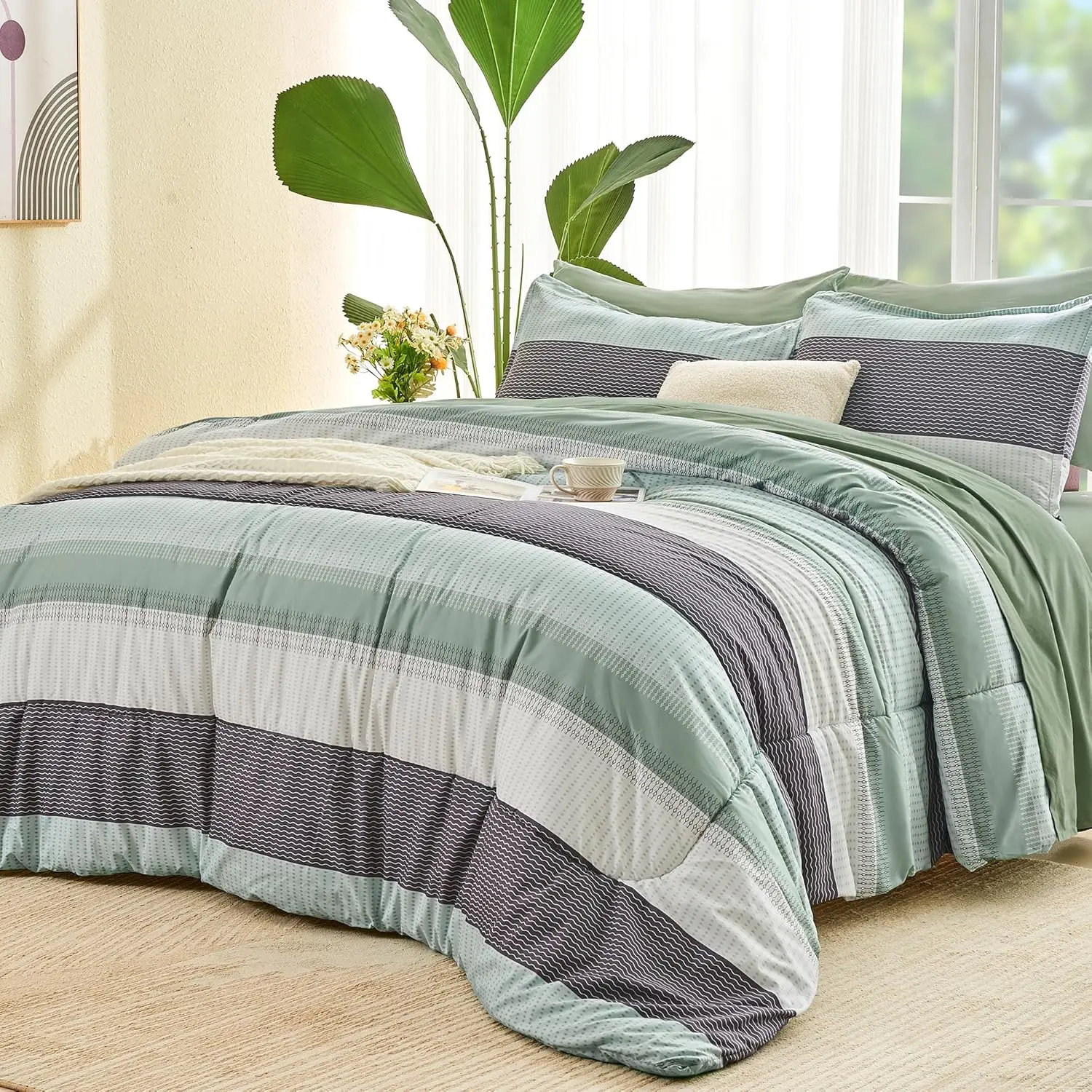 Comforter Set Sage Green - 7 count Green Striped Bed in a Bag, Soft Microfiber All Season Patchwork Bedding Set with Comforter, Fitted & Flat Sheet, Pillowcases & Shams