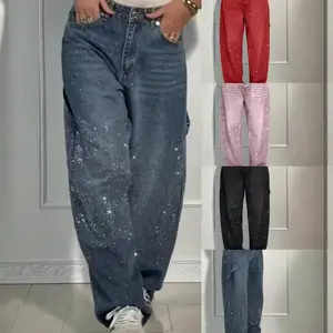 2025 New Women's European and American Fashion Starry Rhinestone Jeans Women's Casual Pants in Multiple Colors Womenswear Bottom Trouser Streetwear Denim