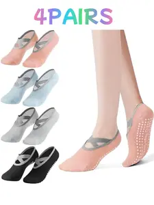 4 Pairs Women's Yoga Socks, Non-Slip Grip Socks, One Size Fitness Sports Socks, Dance Socks, Pilates Yoga Socks for Ladies