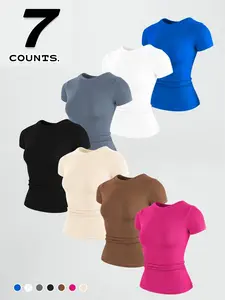 Women's Solid Round Neck Sports Tee, Breathable Comfortable Short Sleeve T-shirt for Gym Workout, Ladies Sportswear for Summer