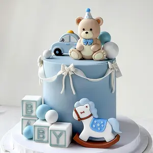 Blue Bear Cake Decoration With Gold Balls Topper for Baby Shower and Birthday