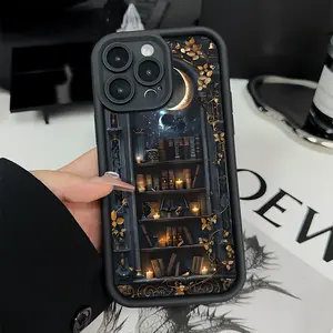 Creative Moon Bookshelf Pattern TPU Phone Case for iPhone 17 16 15 14 Pro Max 13 12 11 Air XR XS Plus E Shockproof Drop Protection Rugged Durable Silicone Cover Cellphone Protective Smartphone Casing