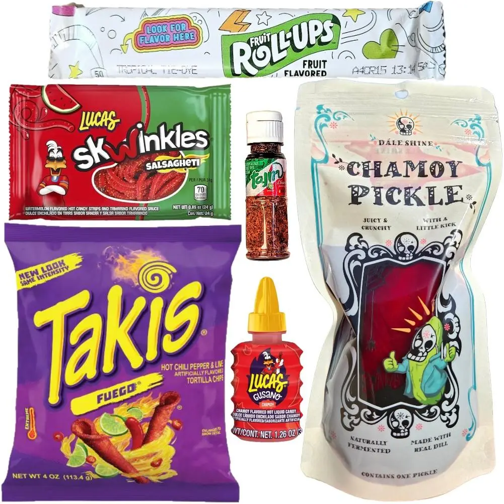 Chamoy Pickle Kit, Takis, Popular Mexican Candy, Lucas Gusano, Salsagheti, Mini Tajin, Fruit Roll-Up, Pica Limon, Pepinillo de Chamoy 8 Piece Food Food Bundle Sour Spicy Powder