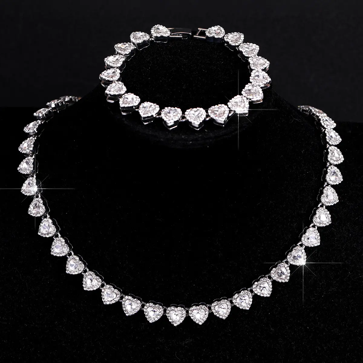2-Piece Set 10mm Heart Shaped Iced Out Rhinestone Chain, Unisex Hip Hop Necklace & Bracelet, Sparkling Matching Jewelry for Valentine's Day, Party & Daily Wear