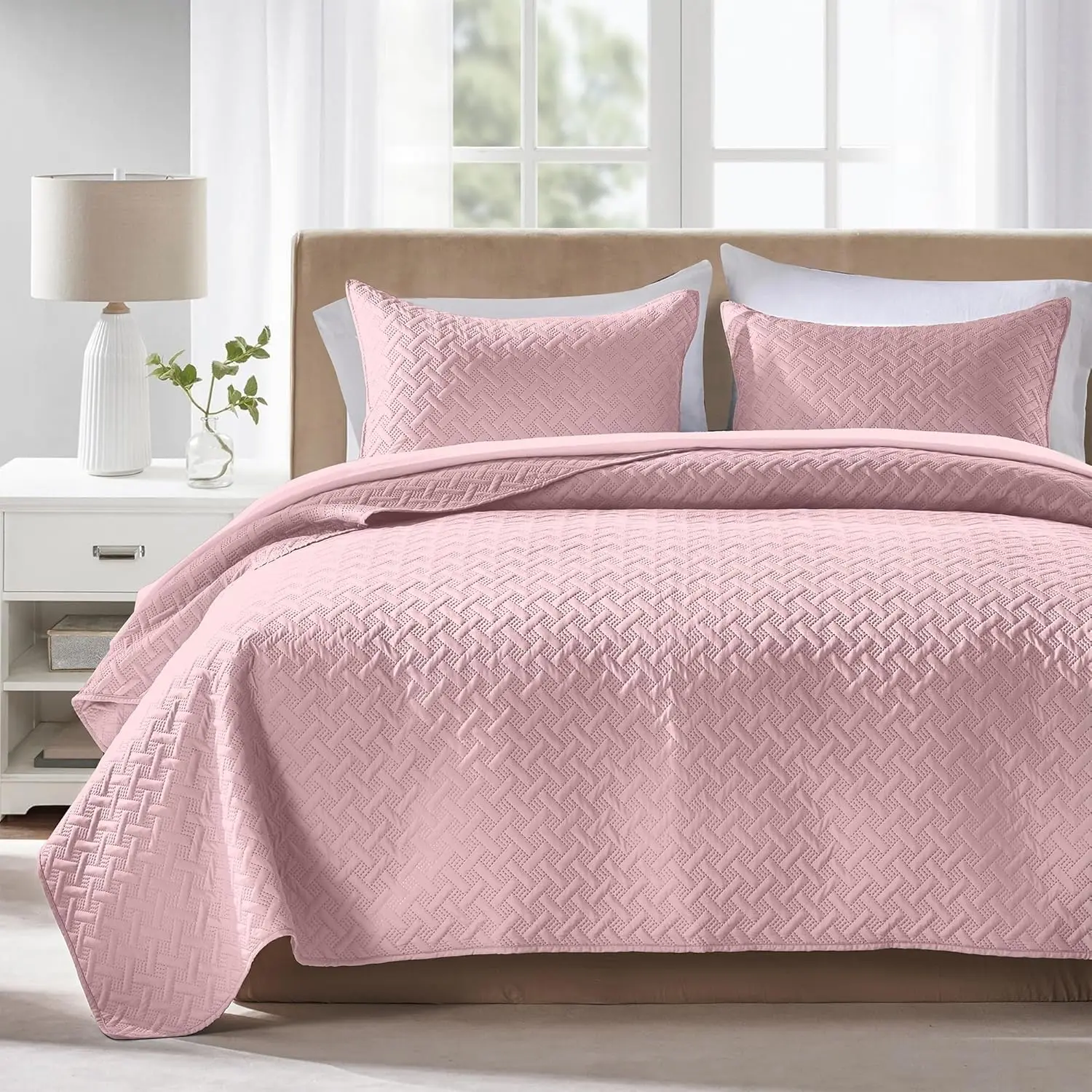 King Size Bedding Set Pink Lightweight Bedspreads Set,Style Geometric Weave Stripe Pattern,Soft Microfiber Bed Coverlet 3 Pieces (1, 2 Shams)