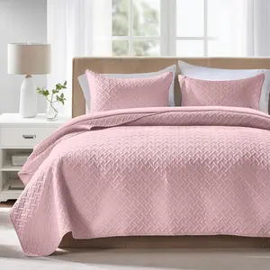 King Size Bedding Set Pink Lightweight Bedspreads Set,Style Geometric Weave Stripe Pattern,Soft Microfiber Bed Coverlet 3 Pieces (1, 2 Shams)
