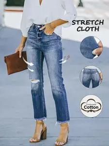 Women's Casual Stylish Fitted Ripped Denim Jeans for All Seasons, Trendy Streetwear with Plain Pattern, Must-Have Bottoms for Every Wardrobe