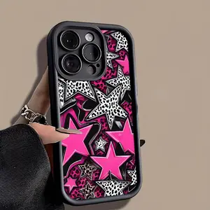 Pink Leopard Star Pattern Phone Case， Trendy Aesthetic Style for iPhone 17 16 15 14 13 12 11 Plus Pro Max， Ideal Birthday Gift.