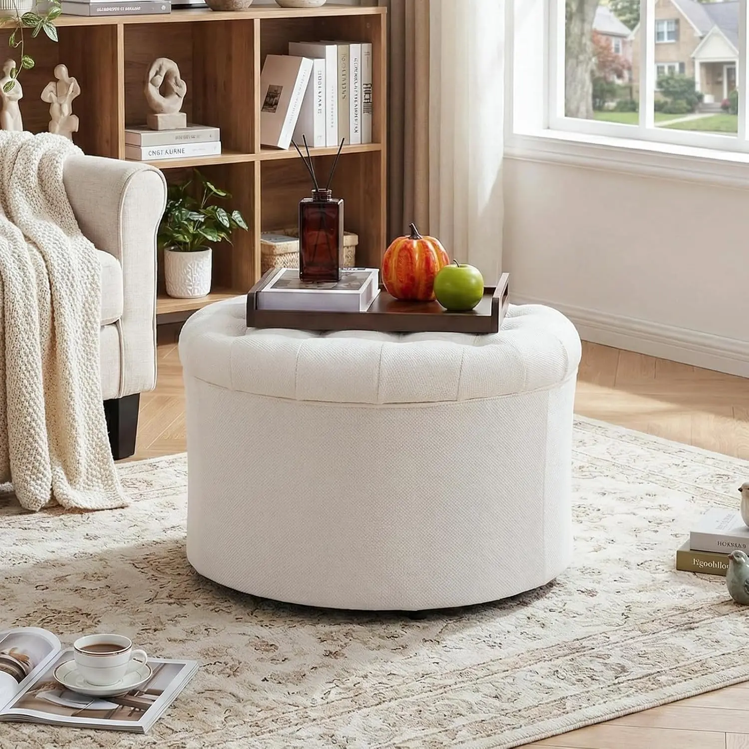 ONBRILL 25" Round Chenille Fabric Ottoman - Hidden Storage Stool, Footrest, Accent Indoor Furniture for Living Room, Bedroom, Beige