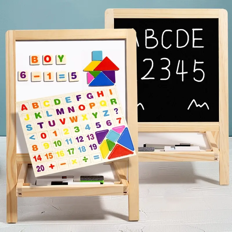 Foldable Double-Sided Magnetic Whiteboard and Blackboard Set, Double Sided Easel, Includes Markers, Eraser, Colorful Chalk, and 26 Magnetic Letters, Perfect for Kids Learning Math, Numbers, Alphabet, and Family Interaction