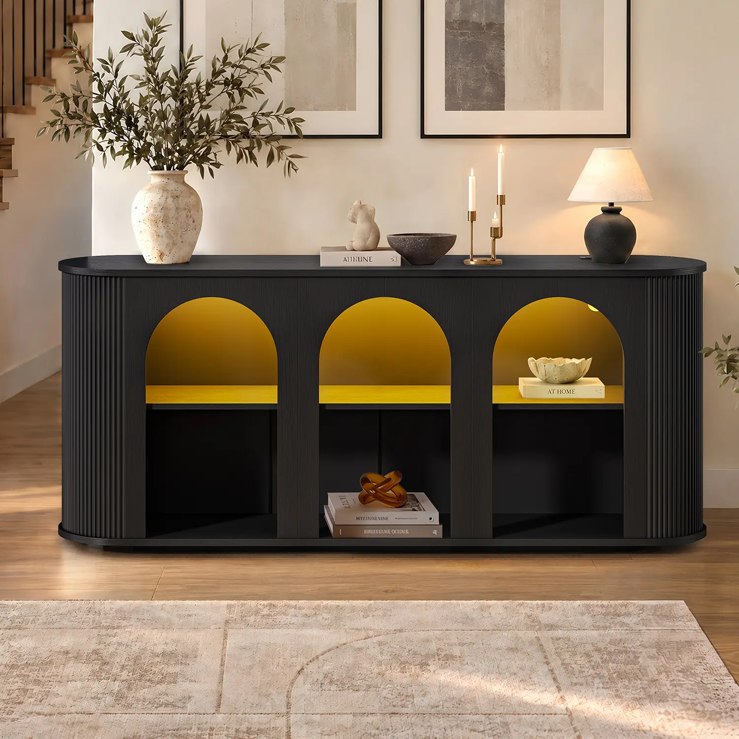 HAUOMS 63 inch Console Table with Outlets and RGB Lights Rounded Edge Fluted Entryway Table with Storage Modern Arched console tables for entryway Hallway Foyer Living Room Behind couch