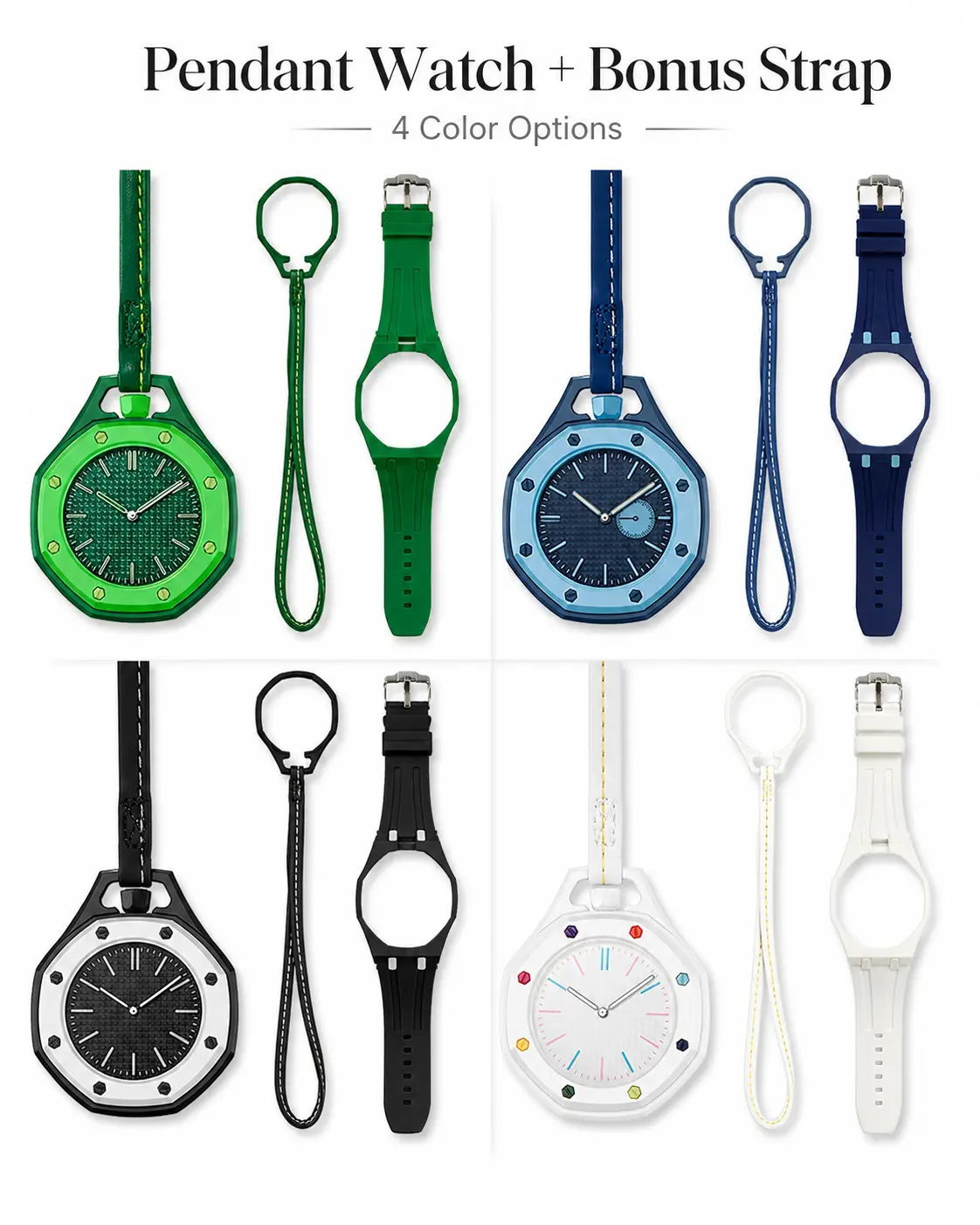 Trending 2-in-1 Octagonal Watch – Detachable Dial, Wristwatch & Pendant Style, 2 Straps, 4 Colors