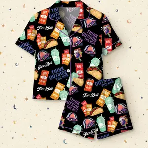 Mexican Fast Food Sleepwear Funny Taco Lover PJs Black Foodie Loungewear Premium Satin Blend Pajama Set for Women Ideal for Sleep Lounging or Girls' Night In