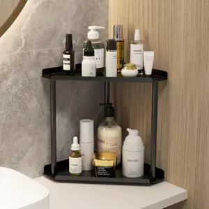 2 Tier Modern Bathroom Counter Organizer Eco Friendly Non Slip Durable Aluminum Vanity Corner Shelf for Skincare Makeup Storage Black Home Decor