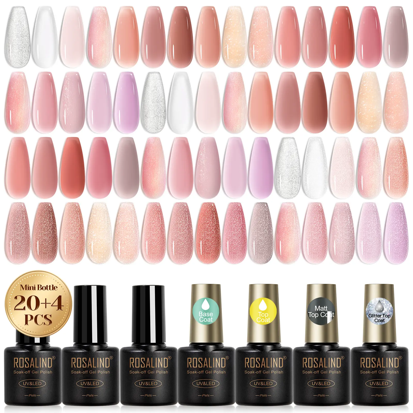 Gel Nail Polish Set, 24 Pieces with 20 Shiny Pink Summer Colors, Base Coat, and Matte, Glitter, Glossy Top Coats - UV Light Gel for DIY Nail Art & Manicure at Home, Nail Care
