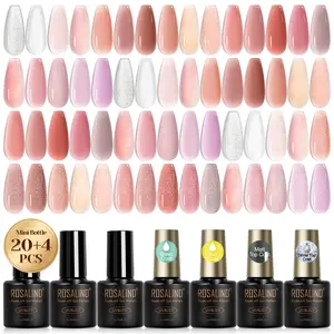 ROSALIND 24pcs Summer Shinny Pink Series Gel Nail Polish Set 20Colors and 4 Functional Coats Base Glossy Matte Glitter Top Coat Gel Varnishes Need UV Lamp to Dry Suitable for Beginners Manicure Nail Art