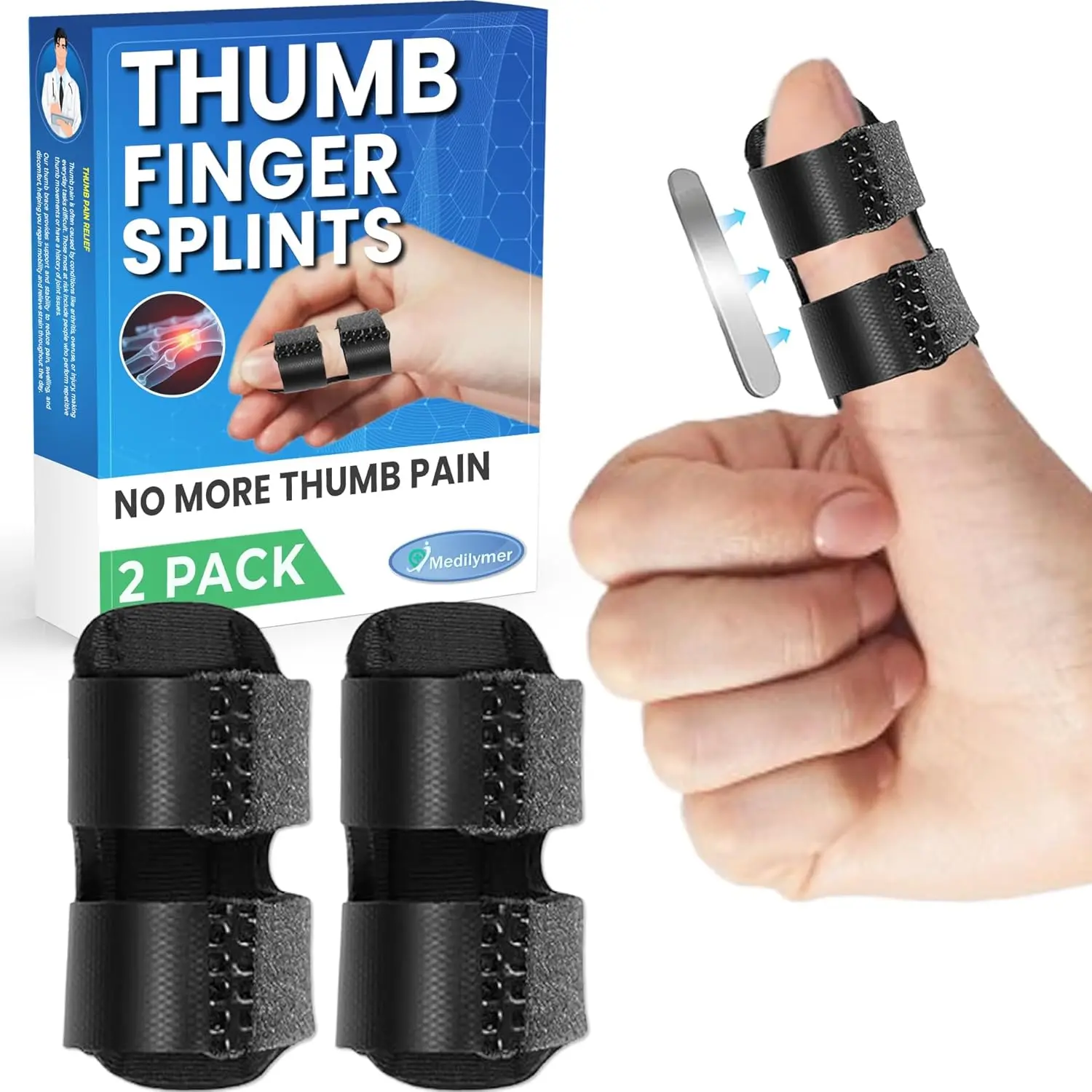 Thumb Splint (2 Pack) Trigger Thumb Splint, Thumb Brace for Pain Relief, Knuckle Immobilization, Thumb Spica for, Mallet Finger, Also Fits Index, Ring, Pinky, Little, Small Fingers