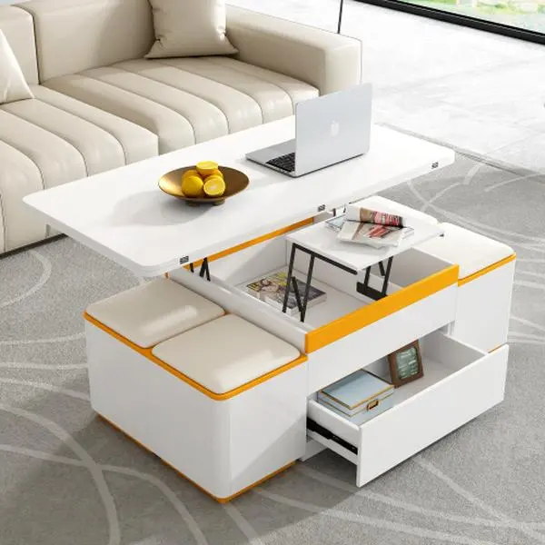 Lift-Top Multi-Functional Coffee Table with 4 Storage Stools, White & Gold High-Gloss Foldable Dining Table, Modern Adjustable Center Table for Living Room