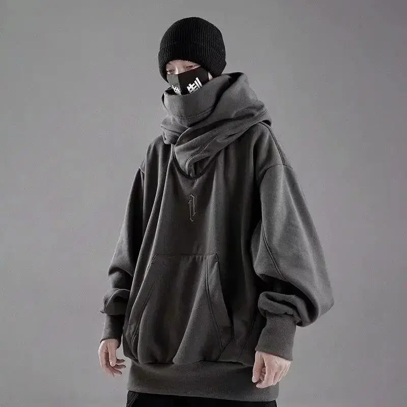 Embroidery Turtleneck Sweatshirt For Men Japanese Ninja Hoodies Autumn Hip Hop Fleece Pocket Streetwear Oversized  Hoody