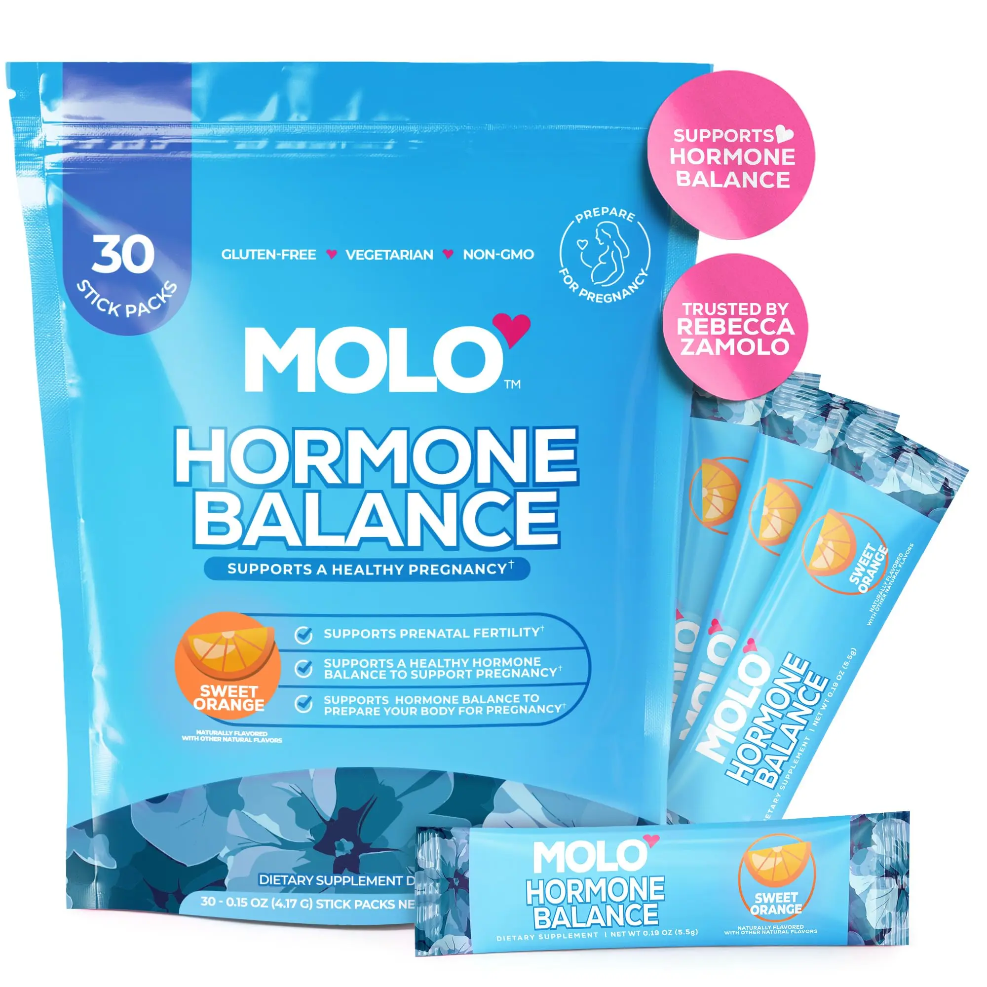 MOLO Hormone Balance for Women-ALA to Support Cycle Regulation, Magnesium & Zinc for Mood Support, Hormone Balance and Regulation-30 Stick Packs Sweet Orange Flavor, Non GMO Gluten Free Vegetarian