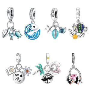 Ocean & Beach Travel Charm Collection, 925 Sterling Silver, Enamel, featuring fish, sea turtle, penguin, beach, and summer travel designs; suitable for bracelets and necklaces; a jewelry gift for women, ideal for beach lovers and vacation gifts.