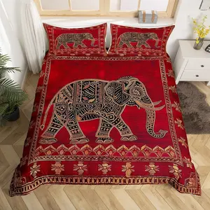 Indian Elephant Duvet Cover Set,Native American Indian Exotic Bedding Set,Boys Girls Room Decor,Psychedelic Bohemia Retro Comforter Cover,Red Trippy Boho Quilt Cover,(No Filler)