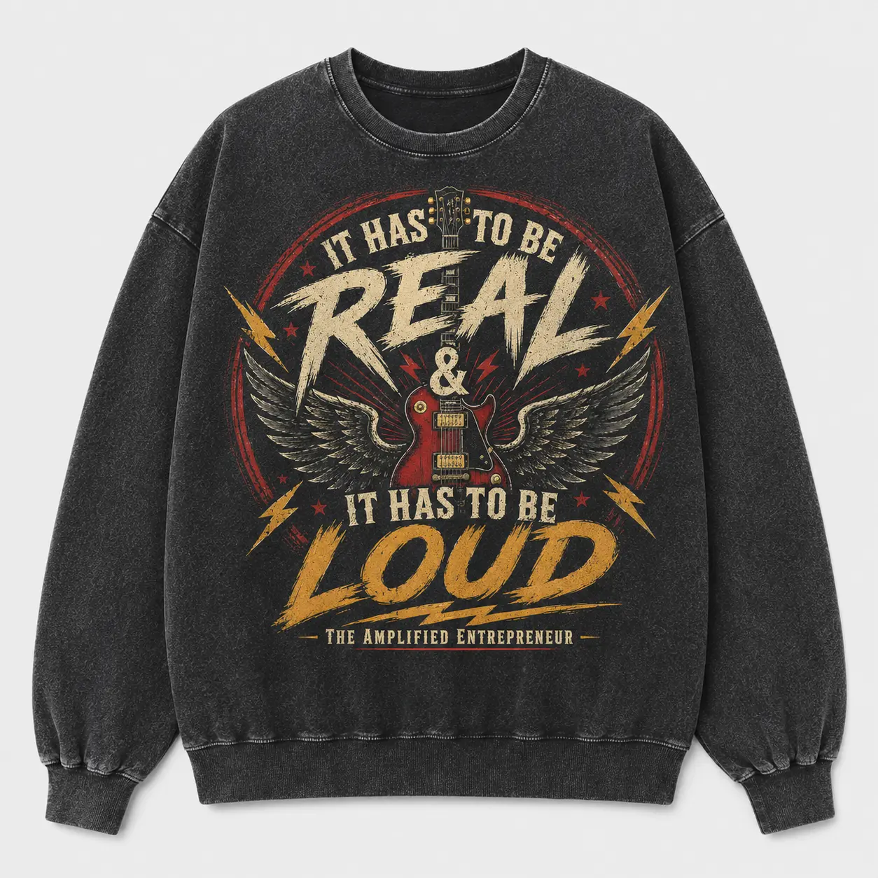 Men's Ribbed Washed Guitar Sweatshirt - Black Crew Neck Long Sleeve Pullover, Winged Guitar Graphic Rock Streetwear Outfits, Premium Fabric Fashion Menswear, S-5XL Sizes for Women