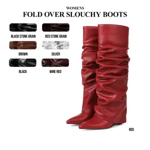 CYNLLIO Womens Fold Over Slouchy Knee High Boots Pointed Toe Covered Wedge Heel Pull On Wide Calf Shark Boot Comfy Fashionable Dating Outing Holiday Dress Spring Summer Boots