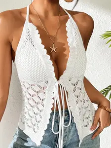 Women's Solid Color Cover Up Top, Casual Halter Top for Beach Holiday Vacation, Ladies Clothes for All Seasons