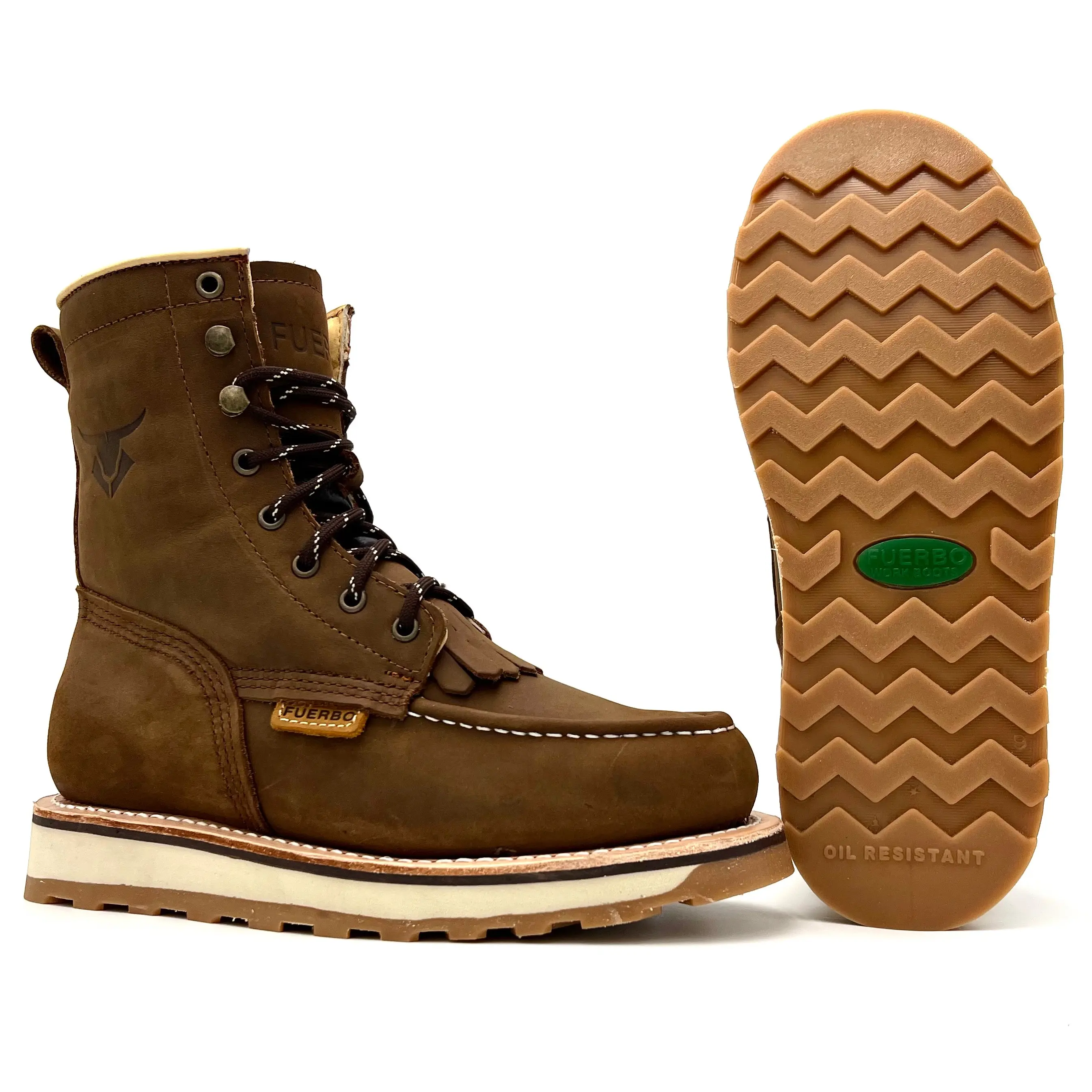 Fuerbo Premium Handcrafted Lacer Moc Toe Leather Work Boots Dual Density Goodyear Welt Sole Anti-Fatigue Oil & Slip Resistant L-50 Mango Tan Mid-Calf Lace Up Men Footwear Comfort