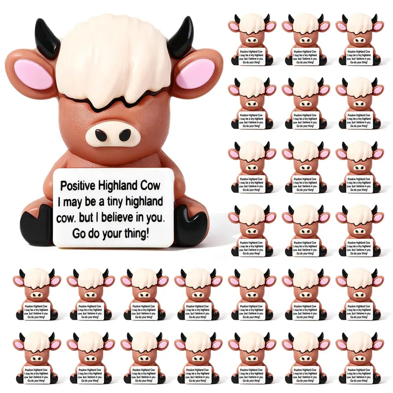 Gejoy Labor Day Gift 25 Pcs Mini Highland Cow Figures Positive Gifts with Motivational Quotes Highland Cow Statues Inspirational Desktop Decoration Emotional Support Employee Appreciation Gifts for Coworkers Students Birthday Party Favors