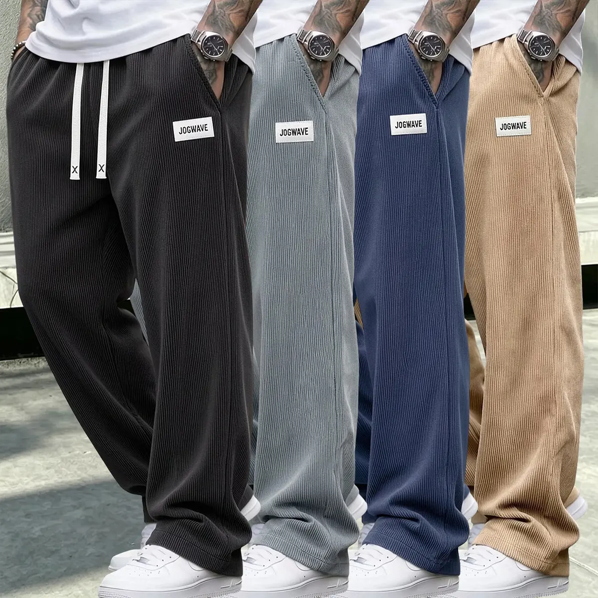 Set of 4 men’s corduroy pants with elastic waistband and drawstring, vintage straight-leg casual athletic trousers for spring and autumn—ideal for leisure activities and everyday wear.