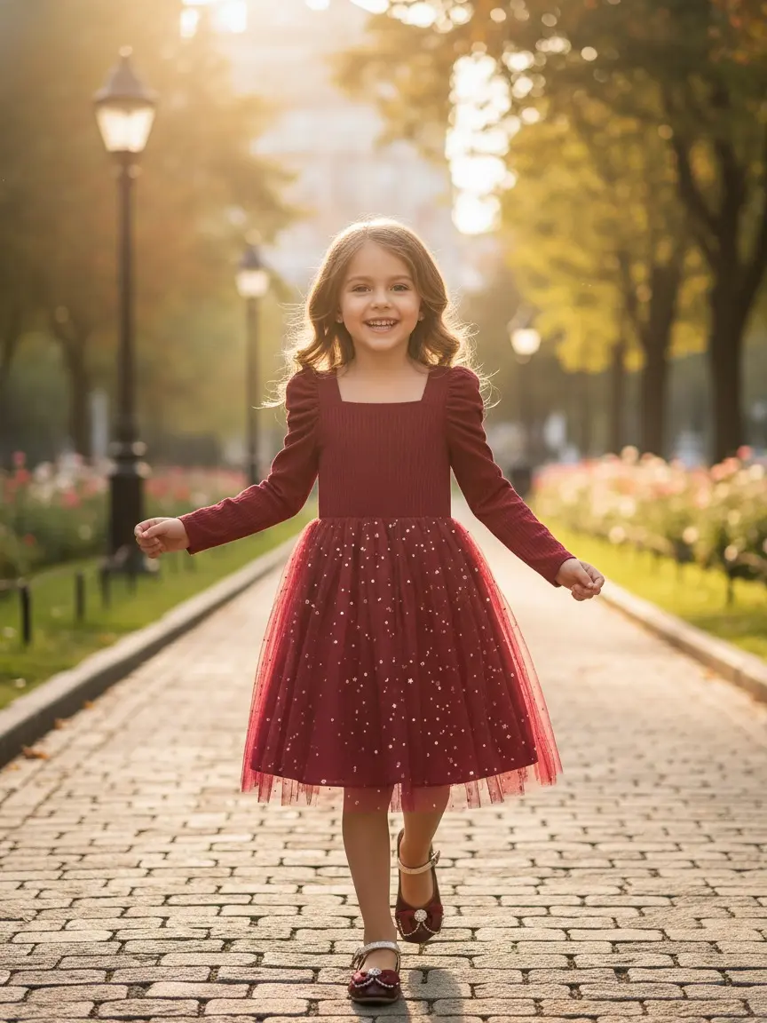 Girls' Sparkly Red Sequin Tulle Party Gown, Elegant Long-Sleeve Ruffle Midi Princess Dress, Festive Kids' Clothing for 4-7 Year Olds, Ideal for Xmas Photoshoots & Gifts, Sparkly Dress