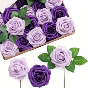 50pcs Lilac & Purple Artificial Roses Decor W/Stems, 3.15inch Real Touch DIY Foam Floral for Wedding Bouquet/Centerpieces, Outdoors Party Backdrop, Room/Table, and Garden Pot Decor