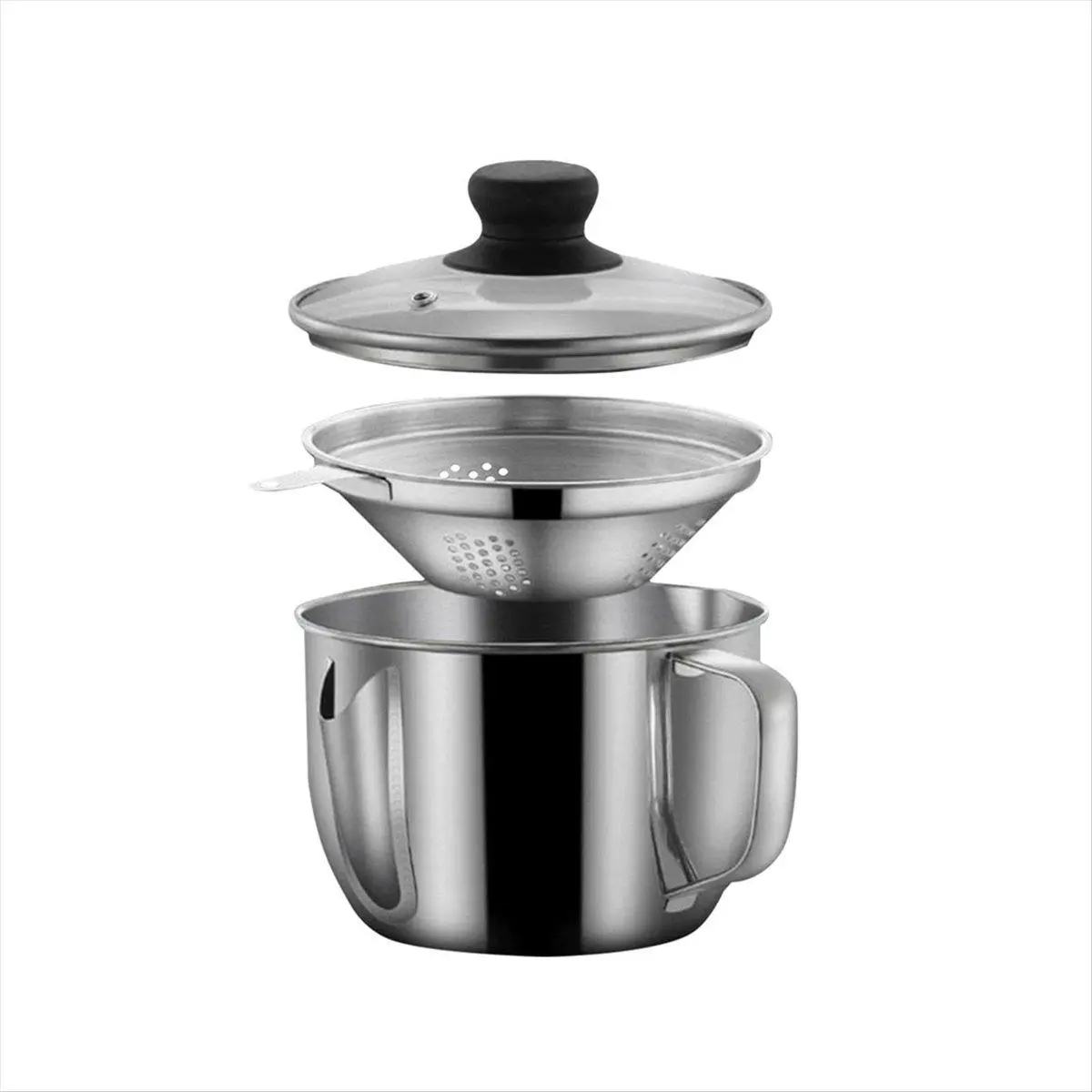 Stainless Steel Fat Separator 1L/4 Cup, Gravy Grease Separator with Strainer and Glass Lid, Soup Oil Separator Cup