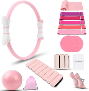 16PCS Pink Pilates Ring & Ball Set – 15" Pilates Circle Kit with Resistance Bands & Gliding Discs for Home Workout