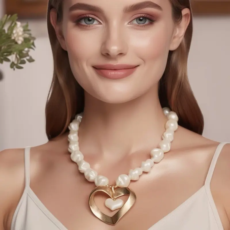 Women's Elegant Gold Heart Pendant Non-Natural Crystal Necklace - Love Pearls, European-American Light Luxury High-End Versatile Sweater Chain, Female Adult Stylish Accessory for Casual Wear (For Women Who Appreciate Stylish and Luxurious Accessories)