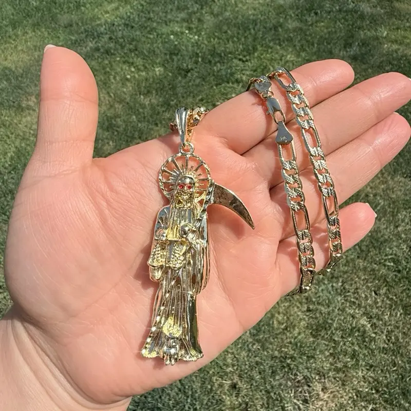 Santa Muerte XL Gold-Plated Necklace, 24” Chain