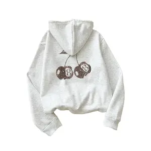 Women's Cotton Leopard Cherry Print Drop-Shoulder Thermal-Lined Hoodie, Casual Drawstring Pocket Sweatshirt for Fall & Winter Daily, Holiday Wear