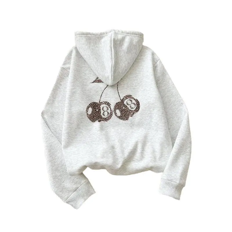Women's Comfortable Cotton Printed Leopard-Cherry Hoodie - Sweatshirts with Drop Shoulder, Long Sleeves, Thermal Lining, Breathable Fabric, Drawstring Pockets for Fall-Winter Everyday Wear, Top, Soft, Leopard Print, Thermal Liner, Hooded Neck, Casual, Cla