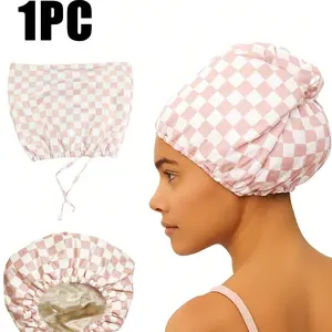 Fashion Chessboard Waterproof Shower Cap, Dual Layer Satin Lining + Superfine Fiber Towel, Bathing Skincare Hair Styling, Holiday Gift