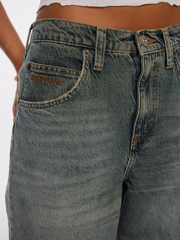 B D G Logan Buckle Baggy Barrel Jean Rigid Cotton Denim with Adjustable Back Buckle & Distressed Hem for Comfort & Style