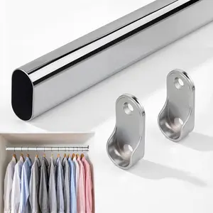 Adjustable Oval Closet Rod with End Supports, Heavy Duty Carbon Steel Wardrobe Rod (Chrome, 29.5" - 51")