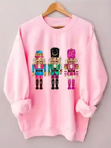 Women's Glitter Nutcracker Print Crew Neck Sweatshirt, Casual Long Sleeve Drop Shoulder Pullover for Fall & Winter, Women's Clothes for Daily Wear
