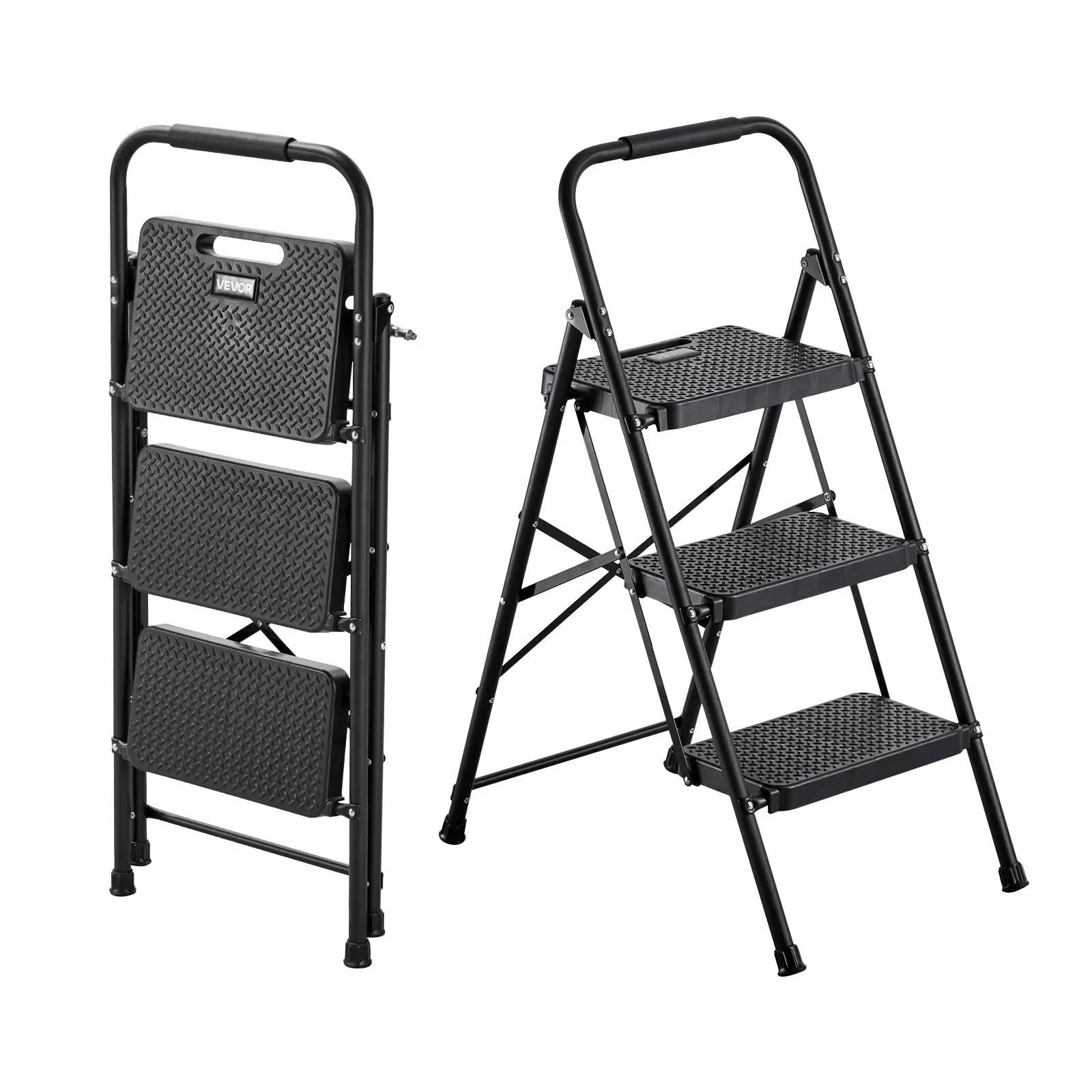 VEVOR 3-Step Steel Ladder, Sturdy Portable Ladder with Wide Anti-Slip PVC Coated Pedal & Comfort Handgrip, 600 lbs Capacity, Compact Fold, 18.3 x 28.7 x 40.7 in, for Home, Office, Decorating, Black #BacktoSchool, Lightweight Foldable Ladder