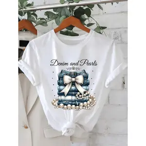 Women'S Denim And Pearl Pattern Crew Neck Short Sleeve Shirt, Casual Fashion Tops, Trendy Women'S Clothing, Birthday Gift, Holiday Gift