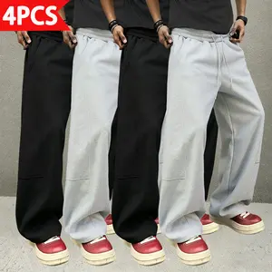 Men’s streetwear brand wide-leg sweatpants, 4-pack  loose fit with good drape, solid color, drawstring, straight cut, floor-length; casual athletic pants for everyday commuting; high-street style men’s versatile trousers